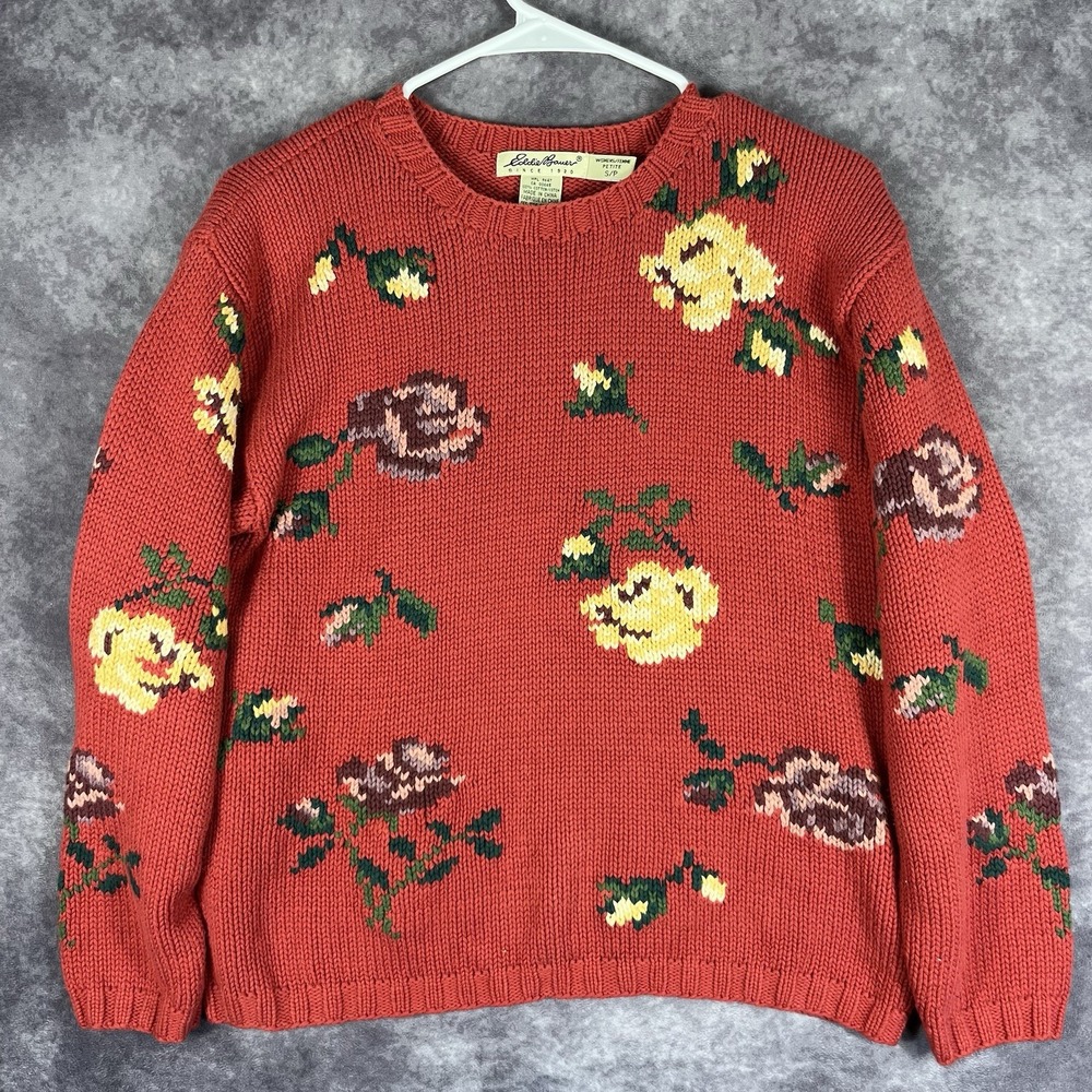 Eddie Bauer Womens Petite Small Red Knit Sweater 100% Cotton Flowers